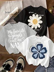 Conjunto de camiseta casual para mujer, 1 pieza, estampado floral, cuello redondo - Blanco - Ver 7