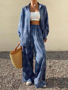 Conjunto de 2 piezas de estilo occidental de playa de primavera y verano con estampado azul, de lino holgado para mujeres, conjunto de ropa de descanso para mujeres - Azul - Ver 3