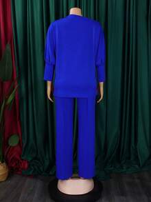Conjunto otoñal para mujer de color liso con top de cuello oblicuo y pantalones de pierna ancha - Azul - View 2
