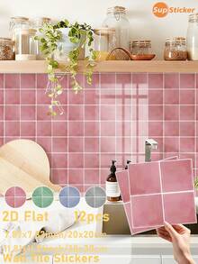 SUPSTICKER 12pcs Multi-Color Solid Faux Brick Texture Morandian Watercolor Minimalist Ins Style Crystal Self-Adhesive Wall Stickers, Premium Thick PVC Material, Easy Installation Peel And Stick, Freely Combinable, Waterproof, Oil-Proof, Dirt-Resistant, Easy To Clean And Remove, Suitable For Kitchen, Bathroom, Children's Room, Rental Home Decor Renovation, 7.87*7.87inch/11.81*11.81inch - Multicolor - View 11