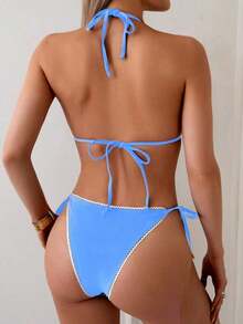 Swim Vcay - Conjunto de Bikini Triangular Sexy con Ribete de Encaje para Mujer, 2 Piezas, Conjunto de Bikini Halter con Tiras Simples para Vacaciones de Verano en la Playa - Celeste - Ver 2