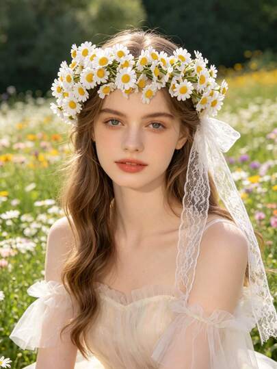 1pc Daisy Flower Wreath Headband, Handmade Floral Headpiece For Girls