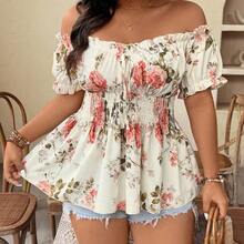 Plus Size Women Off-Shoulder Cinched Waist Floral Print Elegant Fashionable Blouse Top, Suitable For Date, Travel And More, Spring/Summer - Azul y blanco - Ver 2