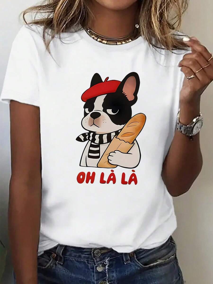 Plus Size - Plus Size - A Women's T-Shirt Featuring A French Bulldog Wearing A Red Beret And A Black And White Striped Scarf, Holding A Baguette, With The Text 'OH Là Là' Printed Underneath In Large Letters And A Round Neck Design. - 白色 - 查看 1