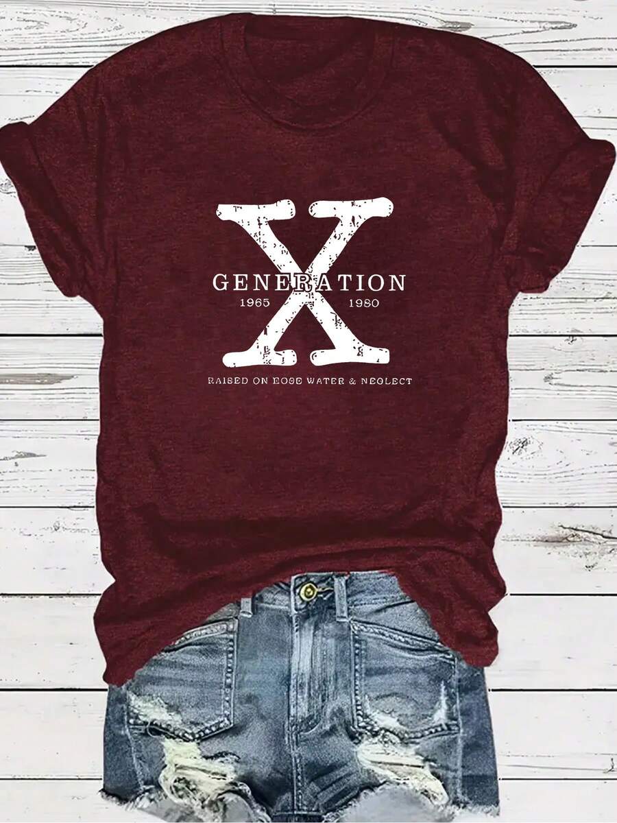 Camiseta Gráfica "GENERATION X" de Talla Grande para Mujer - Cuello Redondo Casual, Manga Corta, Estampado de Letras para Otoño/Invierno - Burdeos - Ver 1