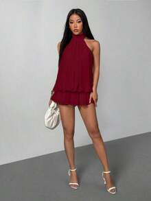 Vestido mini elegante de mujer con escote halter y lazo en color beige - Burdeos - Ver 4