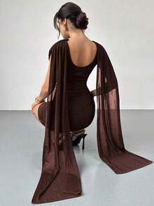 Vestido elegante y casual con cinta fluida y delgada, vestido de festival/vestidos elegantes para fiesta/atuendos de Acción de Gracias para mujeres/vestido de Año Nuevo/vestidos de invierno para mujeres/ropa de otoño/vestido de Año Nuevo/vestido de fiesta/falda negra/vestido negro - Marrón - Ver 2
