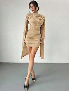 Vestido elegante y casual con cinta fluida y delgada, vestido de festival/vestidos elegantes para fiesta/atuendos de Acción de Gracias para mujeres/vestido de Año Nuevo/vestidos de invierno para mujeres/ropa de otoño/vestido de Año Nuevo/vestido de fiesta/falda negra/vestido negro - Caqui - Ver 3