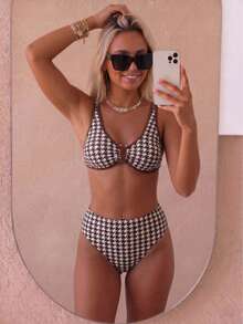 Sommer Elegante Damen Bikini Badeanzug mit hoher Taille, Bindung Design, Hahnentritt Muster, sexy Strand Resort Urlaub - Verschiedenfarbig - Übersicht 1