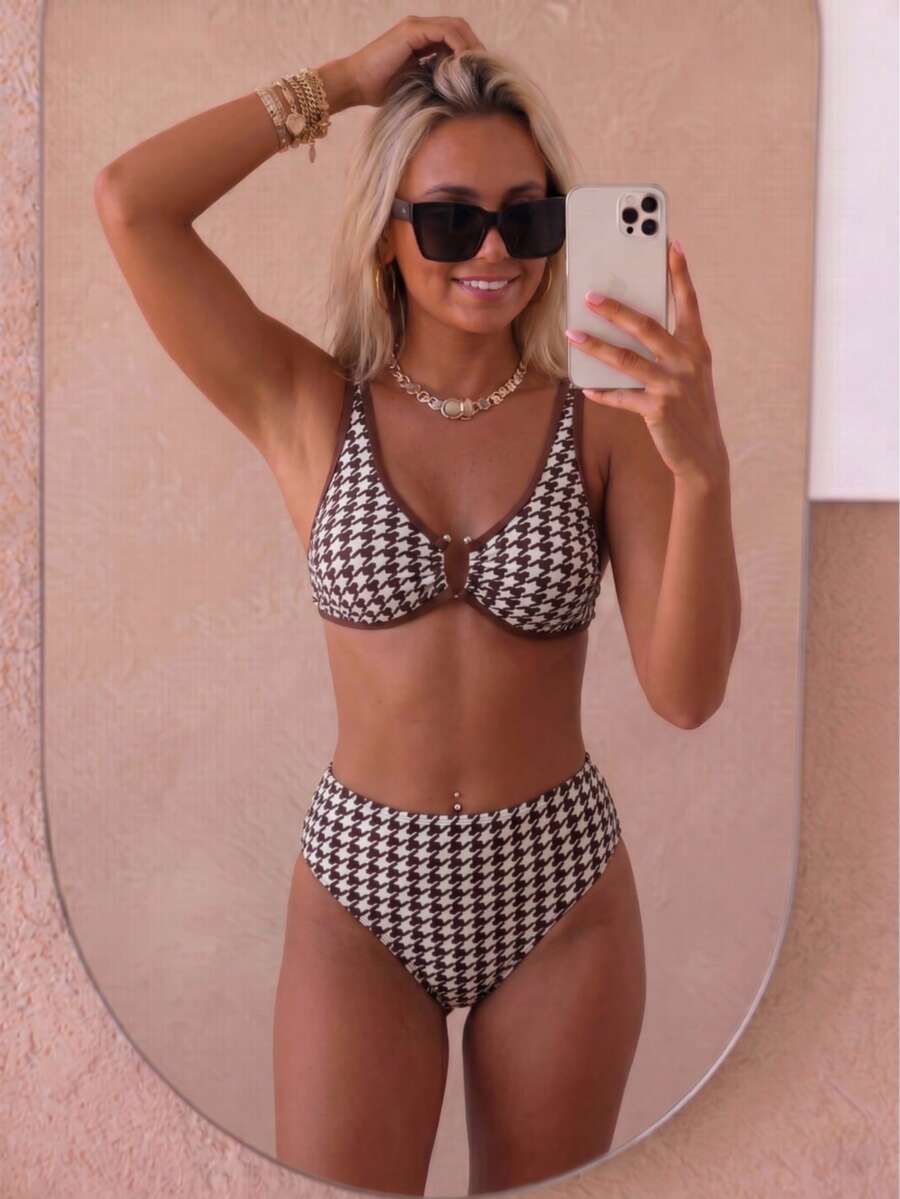 Sommer Elegante Damen Bikini Badeanzug mit hoher Taille, Bindung Design, Hahnentritt Muster, sexy Strand Resort Urlaub - Verschiedenfarbig - Übersicht 1