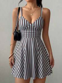 Vestido corto de punto sexy y elegante con escote en V, cintura fruncida y tirantes finos para mujer - Marrón 2 - Ver 6