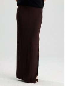 RoseArya High Waist High Slit Maxi Skirt - Brown - View 5