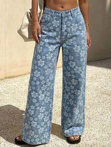 Jeans rectos de ajuste holgado con parches de cuadros y rayas para mujer, uso casual de oficina, otoño/primavera - Lavado ligero - Ver 6