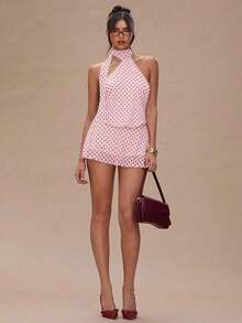 Vestido corto de verano con escote halter y espalda descubierta, con estampado de lunares sexy para mujer - Rosa coral - Ver 3