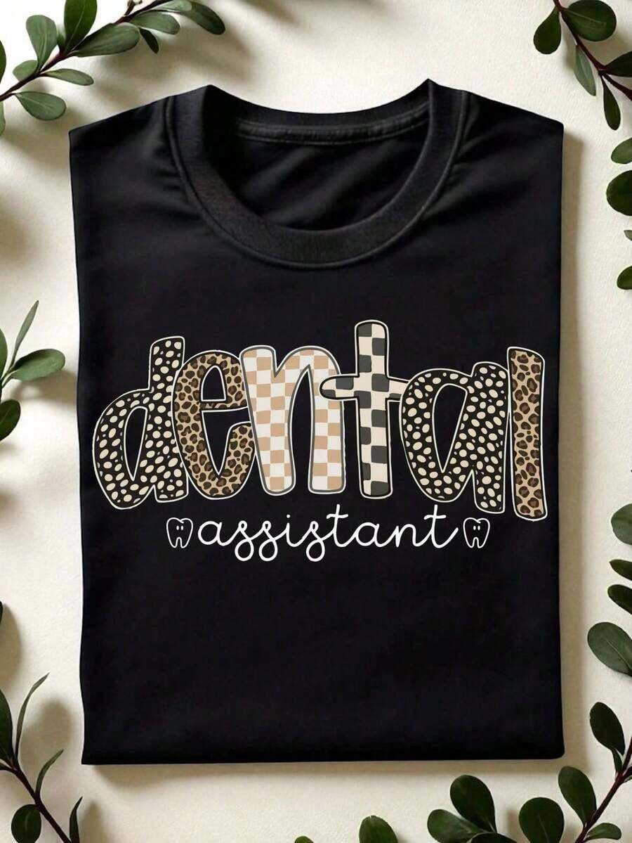1 Leopard Dental Assistant T-Shirt, Dental School T-Shirt, Dental Team Matching T-Shirt, Short Sleeve Dental Student T-Shirts, Dental Assistant Gift, RDA T-Shirts. CL-664180g 100% Cotton - 黑色 - 查看 1