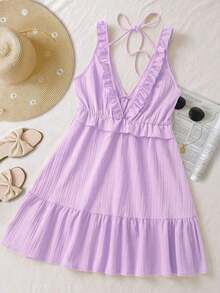 Vestido mini de mujer de color amarillo liso con volantes en los tirantes, de estilo casual de vacaciones, para verano - Púrpura malva - Ver 2