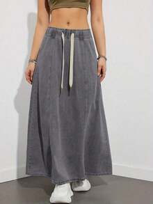 Falda vaquera negra de cintura elástica y corte holgado, falda vaquera casual de longitud media, de moda para primavera/verano - Gris - Ver 3
