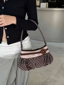2026 New Retro Polka Dot Underarm Bag, Gentle Ruched Cloud Decor Button Accent Soft Sweet Girl Shoulder Bag - Brown - View 8