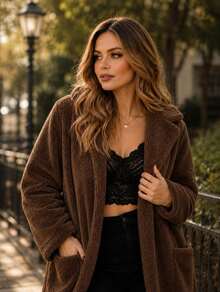 Teddy Coat With Hood, Super Warm & Stylish, Brown – Winter 2026. Wool-Type Fabric. Holiday, Night, Vacation, Dating, Travel, WINTER - 鏽棕色 - 查看 2