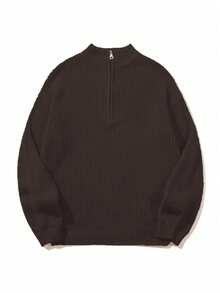 Women's Simple Ribbed Solid Color Casual Korean Textured Commuter Loose Versatile Stand Collar Zipper Half-Placket Pullover Long Sleeve Sweater, Spring/Autumn/Winter - Coffee Brown - View 6