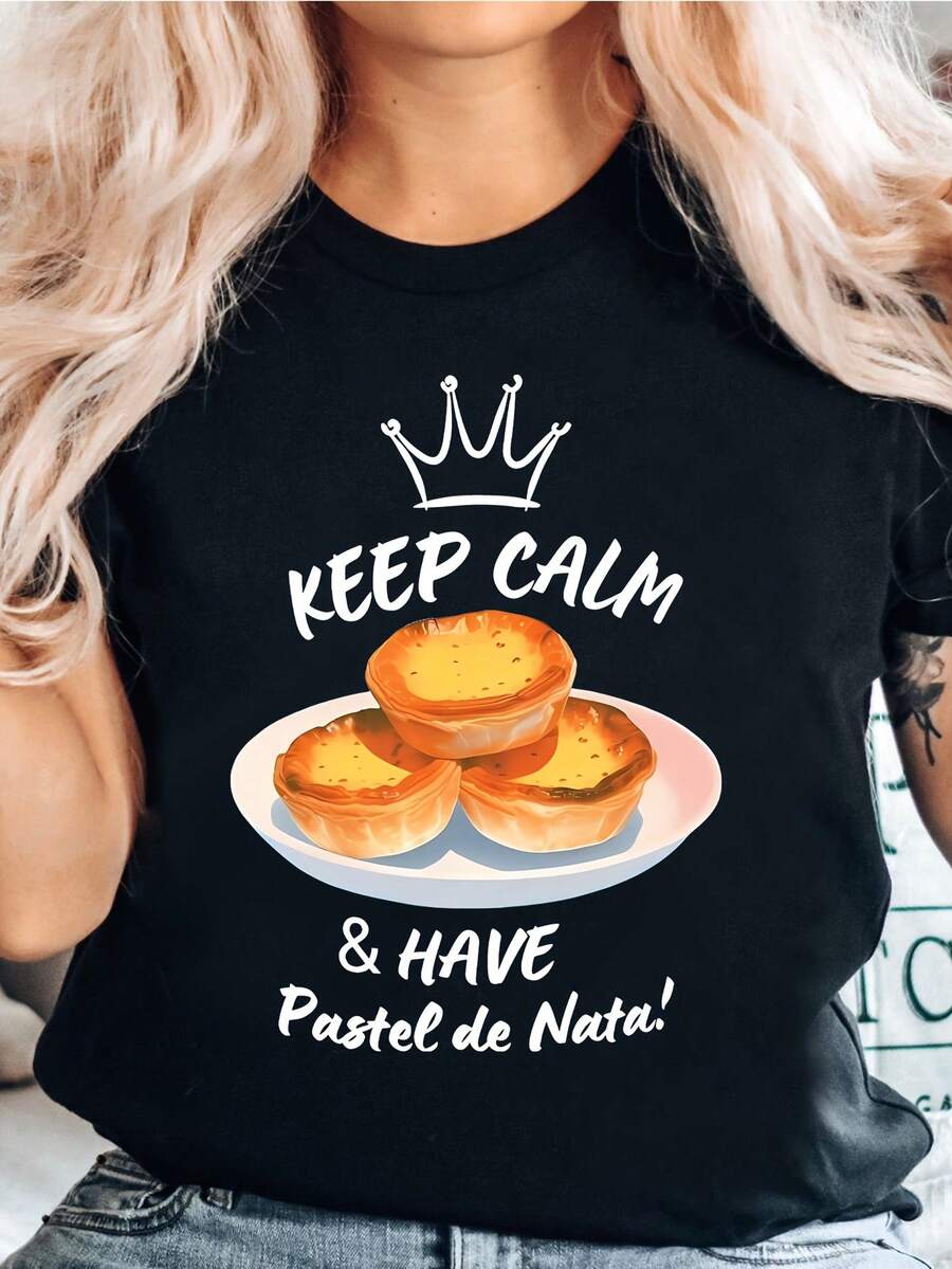 Women's Casual T-Shirt, Loose And Comfortable For Summer, Portuguese Custard Graphic Print With Slogan "Keep Calm & Have Pastries", Breathable Round Neck, Ideal For Travel Souvenirs And Casual Wear, Fun Design, Soft Texture, For Pastry Lovers - 黑色 - 查看 1