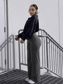 High Waist Butt Lifting, Elastic, Loose Fit Sports Pants - Brown - View 5