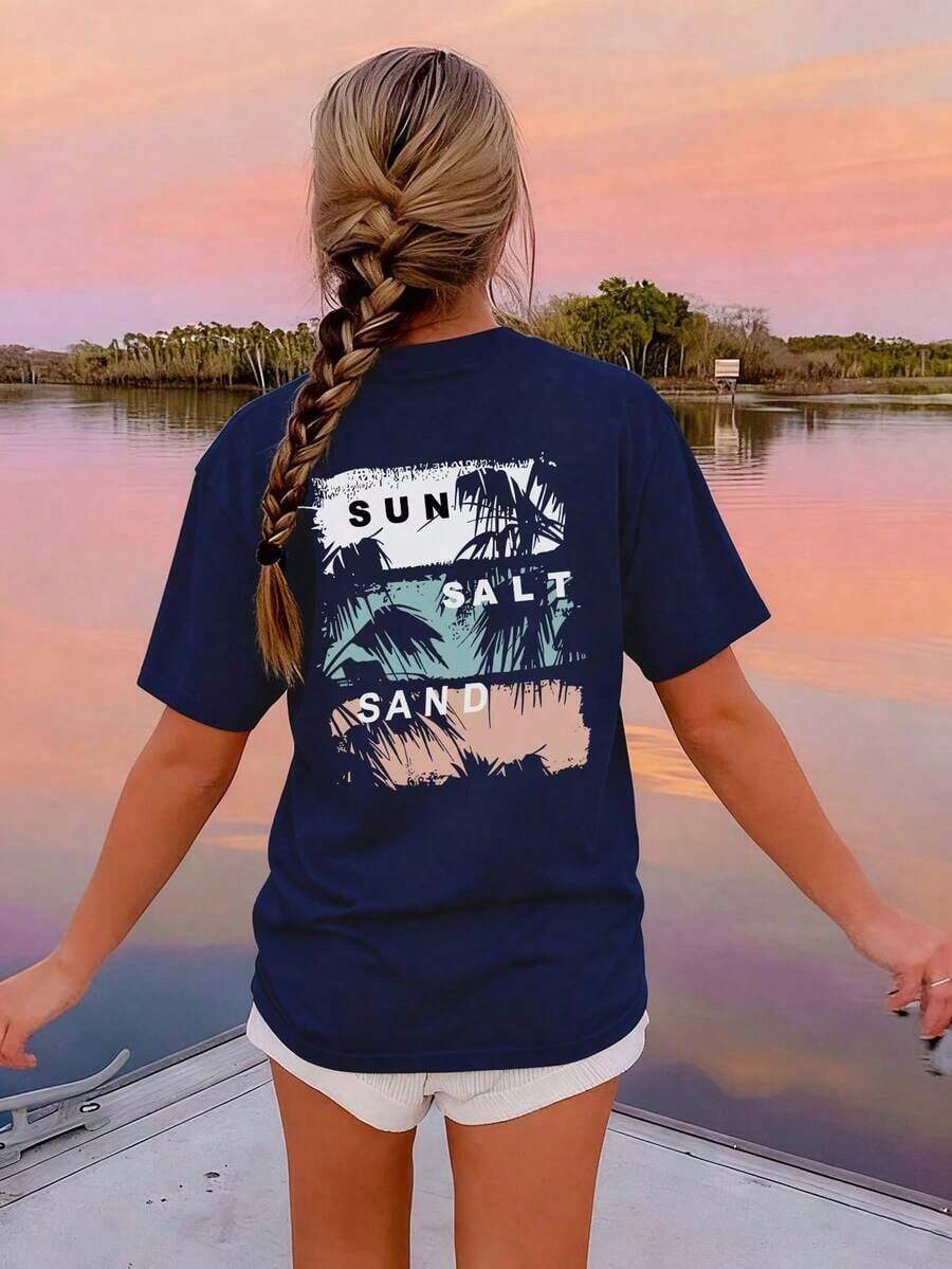 New Women's Summer T-Shirt, Minimalist, With Letter Print And Sunset Maple Leaves, Round Neck, Short Sleeve, Dark Gray Color, Modern And Versatile, Suitable For Casual Daily Wear And Vacation - 海軍 - 查看 1