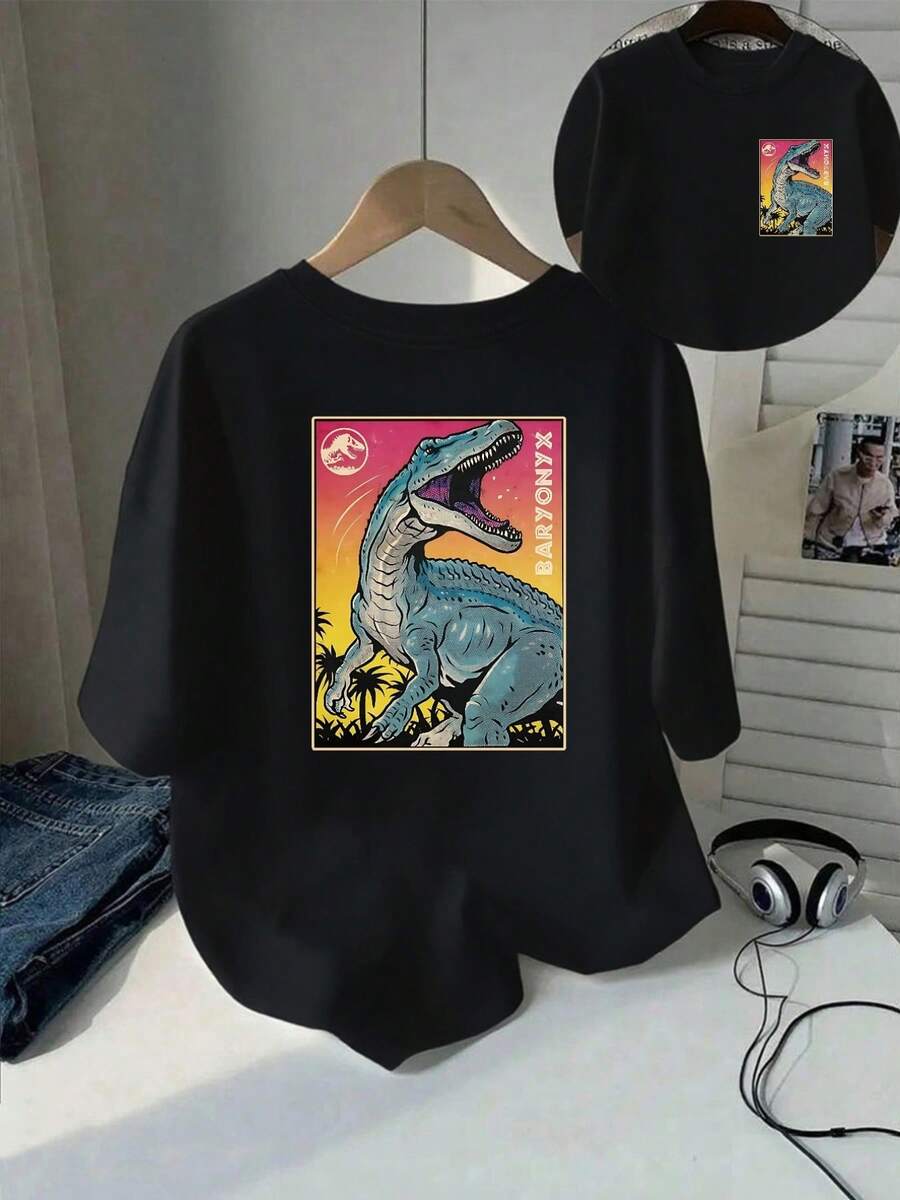 Baryonyx, Camiseta con Estampado de Dinosaurio, Manga Corta, Cuello Redondo, Top Casual para Primavera Verano, Ropa de Mujer Y2k, Camiseta, Camisa - Negro - Ver 1
