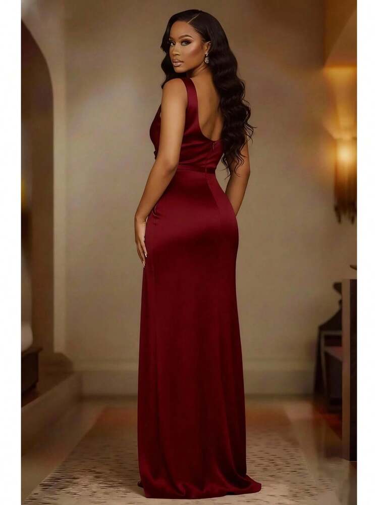 2026 New European And American Summer Sleeveless Dress With Slit Hem, Solid Color, Slim Fit, Fashionable And Elegant Party Dress - 酒紅色 - 查看 2