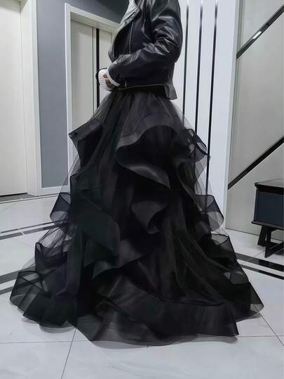 1pc Women's Long Tulle A-Line High Waist Skirt, Voluminous Skirt, Lightweight Wedding Dress Style For Photoshoot, Runway