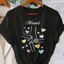 Vintage Camiseta Negra para Mujer con Estampado de Manos y Corazones Mamá Regalo Ideal para Madres Día de la Madre Estilo Casual y CómodoFashion 100% Cotton - Negro - Ver 6