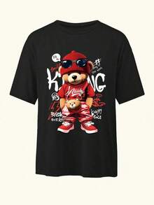 Nueva Camiseta con estampado de oso de dibujos animados, Mujer, Cuello redondo, Informal y holgada, Moda, Apta para uso diario en primavera/verano-Vintage Street Style Unisexoose Cotton Short Sleeve Crew Neck T-Shirt - Negro - Ver 4
