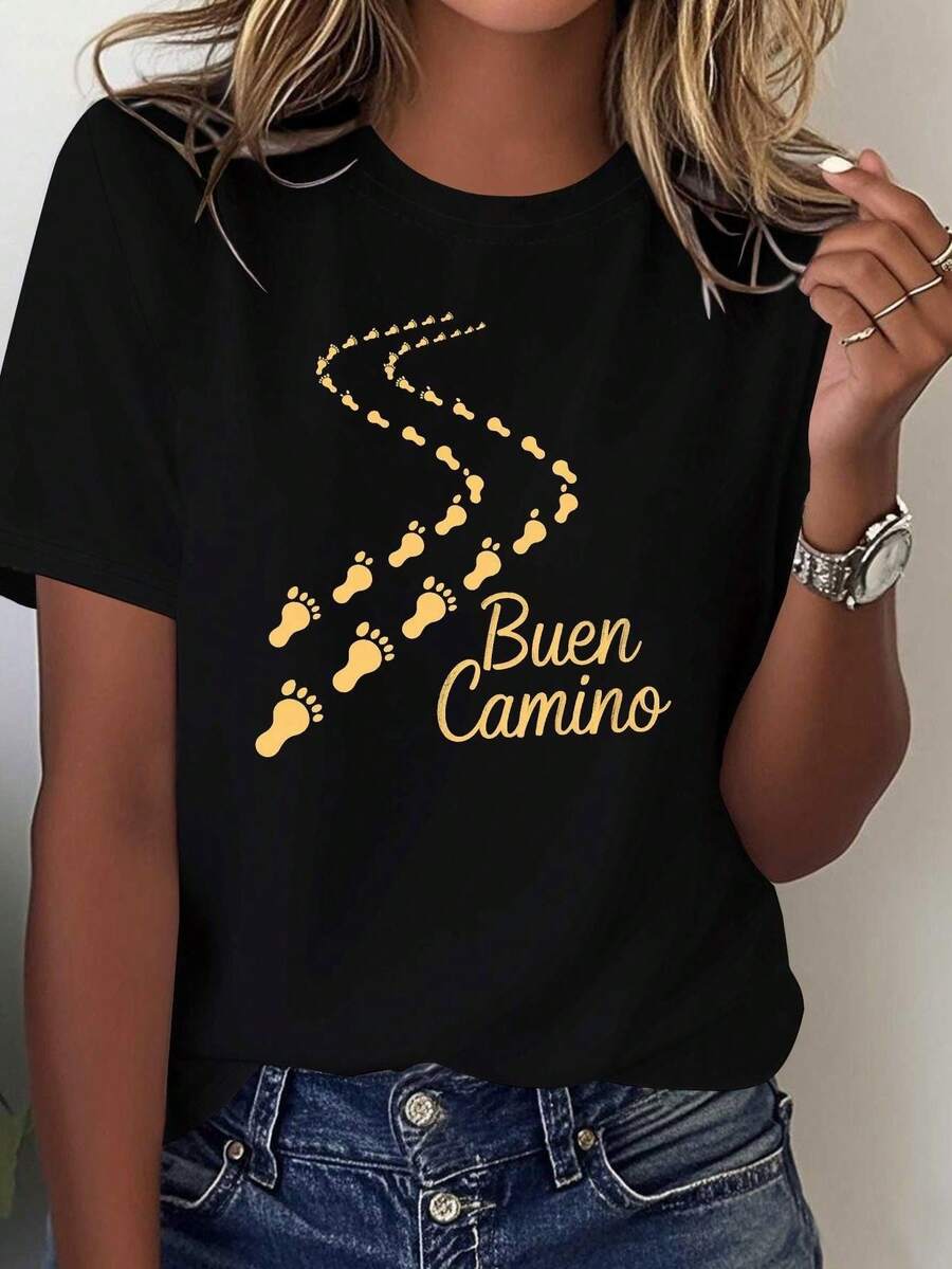 Camiseta Extra Grande para Hombre con Estampado de la Huella del Camino de Santiago, Manga Corta y Cuello Redondo, Ideal para Primavera y Verano, Ropa de Mujer. - Negro - Ver 1