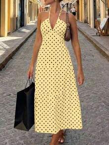 Vestido maxi sin espalda con cuello halter de crepé y lazo para ocasiones en complejos turísticos y bodas - Multicolor 4 - Ver 4
