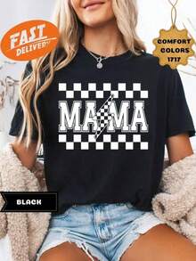 1 pieza de camiseta con estampado gráfico para mujer, camiseta estilo universitario para mamá, camiseta a cuadros para mamá, regalo para el Día de la Madre, sudadera con estampado de rayo para mamá, regalos de camiseta para el Día de la Madre para el cumpleaños de mamá, camiseta de manga corta con cuello redondo informal para mujer, 1 pieza de camisa de moda, regalo para mamá, regalo de Acción de Gracias, 180g 100% algodón, todos los patrones están impresos. Unisexo. - Negro 002 - Ver 12