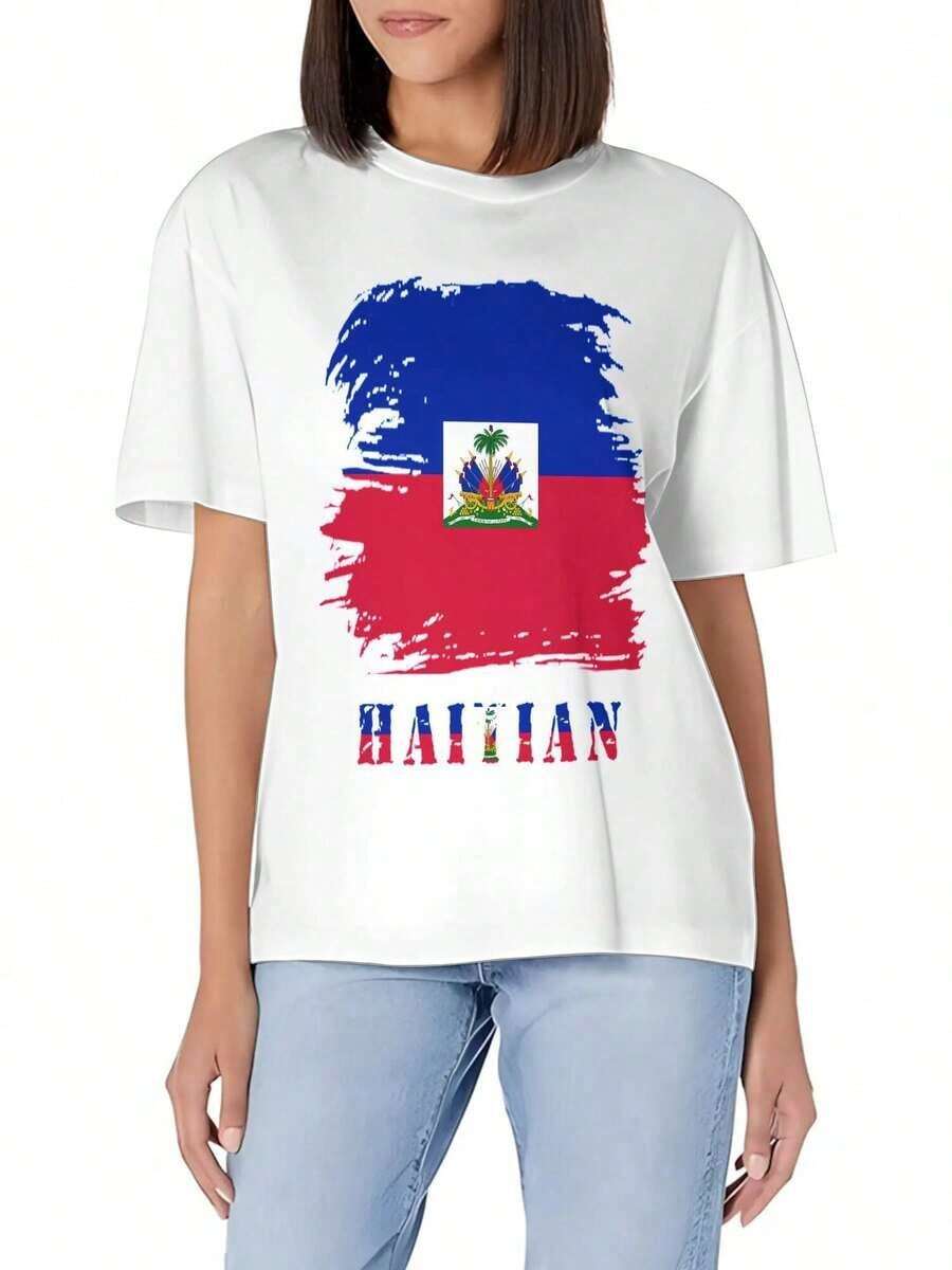 Camiseta Básica de Cuello Redondo con Bandera Haitiana Vintage para Hombre - Algodón Suave, Corte Ajustado, Versátil para Uso Diario en Verano - Blanco - Ver 1