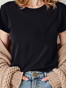 1 pieza de camiseta casual de poliéster para mujer con cita inspiradora, manga corta, cuello redondo, estampado gráfico, para primavera y verano, estilo Y2k. - Negro - Ver 2