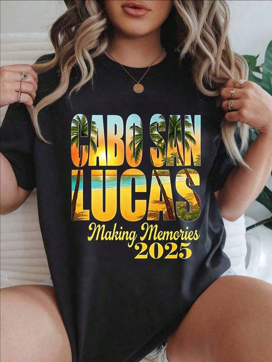 Camiseta Casual con Estampado de Moda para Mujer, Escena de Atardecer Tropical en Cabo San Lucas, Adecuada para Todas las Temporadas  
 -Blanco - Negro - Ver 1
