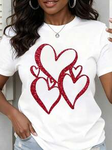 Camiseta de Cuello Redondo para Mujer, Estampado de Corazones Rojos Brillantes, Manga Corta, Estilo Casual para el Día de San Valentín - Blanco - Ver 7