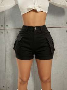 Y2K Style Elastic Waist Back Flap Pocket Decor Cargo Shorts, Casual & Comfortable Summer Hotpants Black - Black - View 4