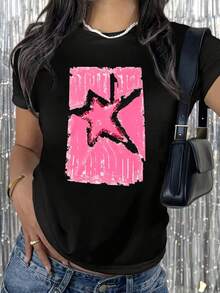 100% Cotton Retro Style T-Shirt, With Celebrity Graffiti, Hip-Hop, Punk, Urban Fashion, Harajuku Style, Suitable For Home, Casual Use, Elegant, Versatile, For Going To Work, Sports, Universal, Comfortable, Made Of Durable Pure Cotton, For Everyday Casual Use. - 黑色 - 查看 2