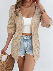 Cardigan lavorato a maglia traforato di colore unito, camicia casual da spiaggia e vacanza per protezione dal sole, primavera/estate - Cachi - Visualizzare 4