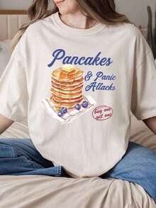 Camiseta de panqueques para mujer talla grande, camiseta divertida de desayuno, camiseta para amantes de la comida, camiseta con humor extravagante camiseta de ataques de panico camiseta sarcástica de comida, camiseta de moda y estética regalo para hermanos, regalo para hermana, blusas divertidas, para el Top casual versátil de verano para mujer - Caqui - Ver 1