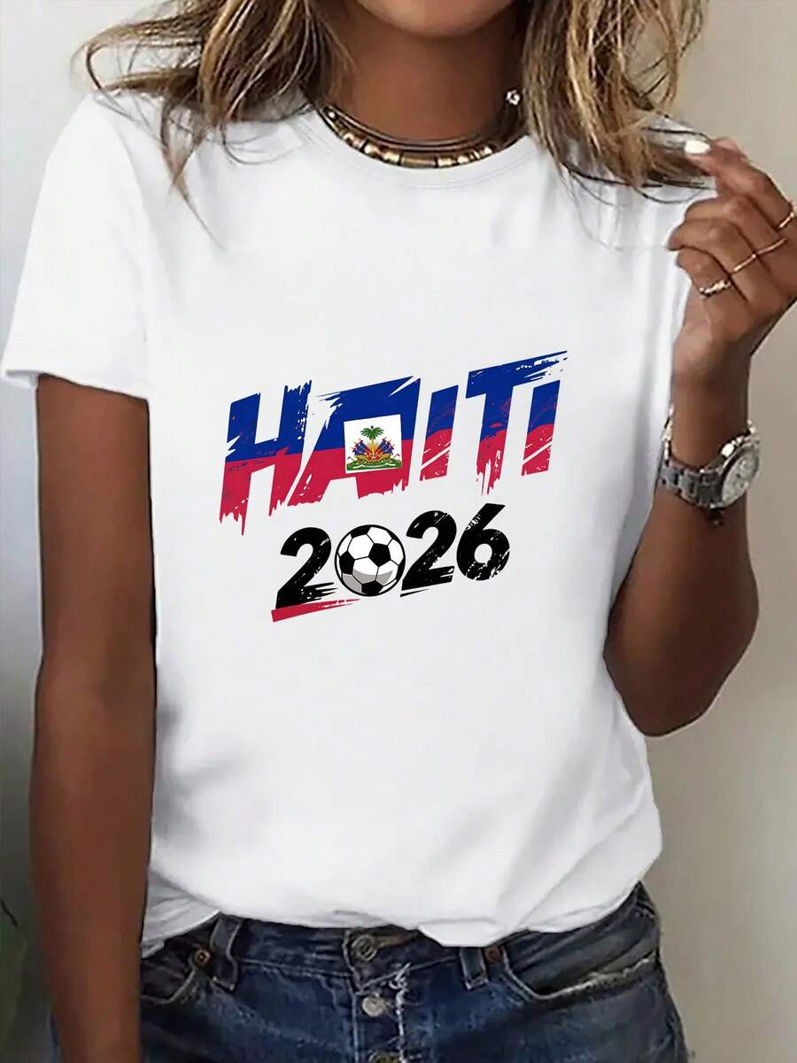 Soft, 100% Cotton, One-Piece Women's T-Shirt With A Crew Neck And Print. Part Of The USA-Mexico Clothing Series, This Energetic, Crew-Neck T-Shirt Features A 2026 Haiti Print And Is Perfect For Everyday Wear. Ideal For Soccer Fans And Cheerleaders. This New, Breathable Cotton T-Shirt Is Ideal For Spring/Summer, Easily Paired With Anything, And Stays Cool And Comfortable. - 白色 - 查看 1
