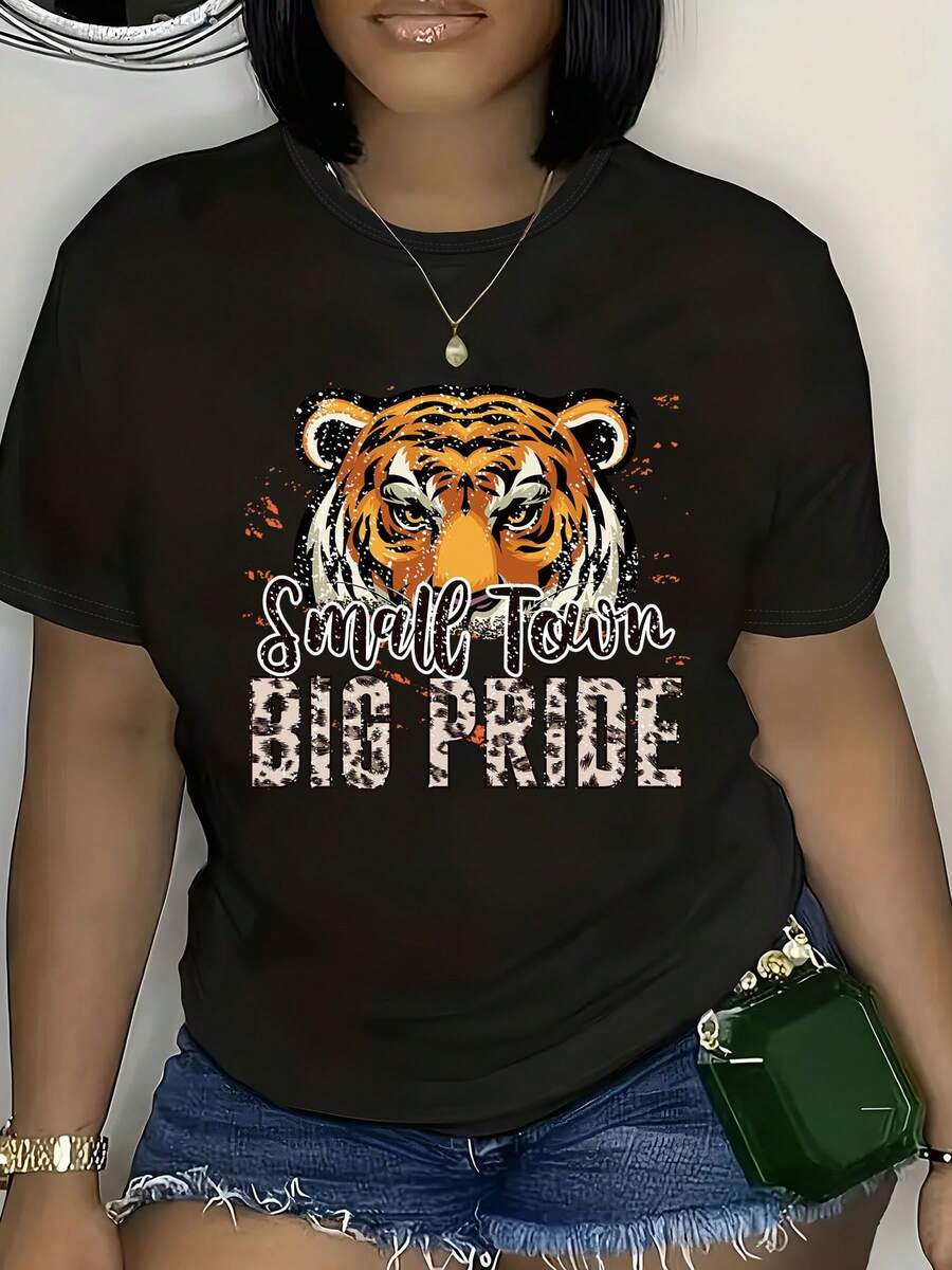 Plus Size Tiger Print Crew Neck T-Shirt, Casual Short Sleeve T-Shirt For Spring And Summer, Plus Size Women's Clothing, Comfortable Cotton T-Shirt. - 黑色 - 查看 1