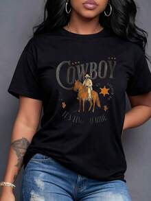 A Cowboy On Horseback Embodies The Freedom And Adventure Of The West. "COWBOY" And "IT'S TIME TO RIDE" With Stars And Cacti Symbolize The Indomitable Spirit And Courage To Explore. An Authentic Tribute To The Open Road. Women's T-Shirt, 100% Cotton. - 黑色 - 查看 7
