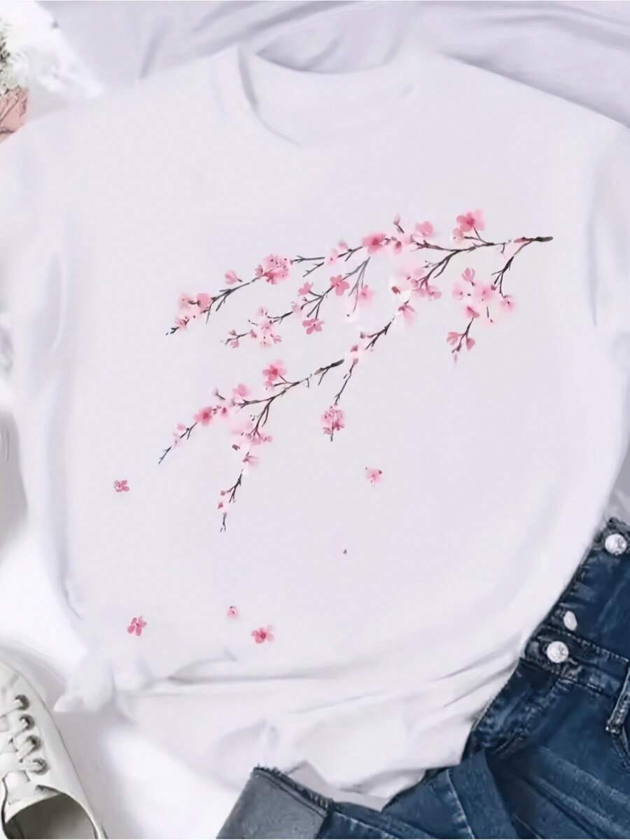 Camiseta de mujer de gran tamaño con estampado de flores de cerezo - Blusa de corte holgado, manga corta y cuello redondo - Top compatible | No transparente, lavable a máquina, ropa casual de primavera y verano. | Versión Holgada No Transparente, Básica para Uso Diario, para Todo Tipo de Cuerpo (Estilo Wo) - Camiseta Unisex de Algodón, Manga Corta, Cuello Redondo, Estilo Vintage Urbano - Blanco - Ver 1