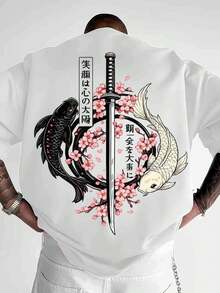 Unisex Short-Sleeved T-Shirt, Loose And Comfortable, With A Unique Casual Print Design Featuring Cherry Blossoms, Koi Fish, And Sword Tattoos, Inspired By Japanese Samurai. A Versatile Garment, Perfect For A New Summer Style, Loose, Comfortable, And Breathable. - 白色的 - 查看 8