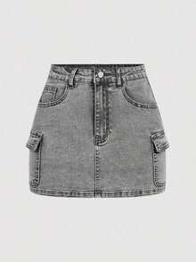 Minifalda casual cargo de mezclilla lavada para mujer - Gris Claro - Ver 1