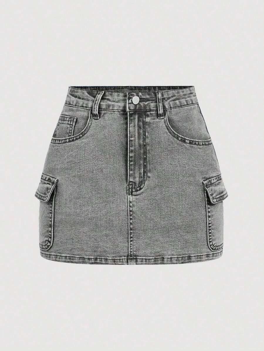 Minifalda casual cargo de mezclilla lavada para mujer - Gris Claro - Ver 1
